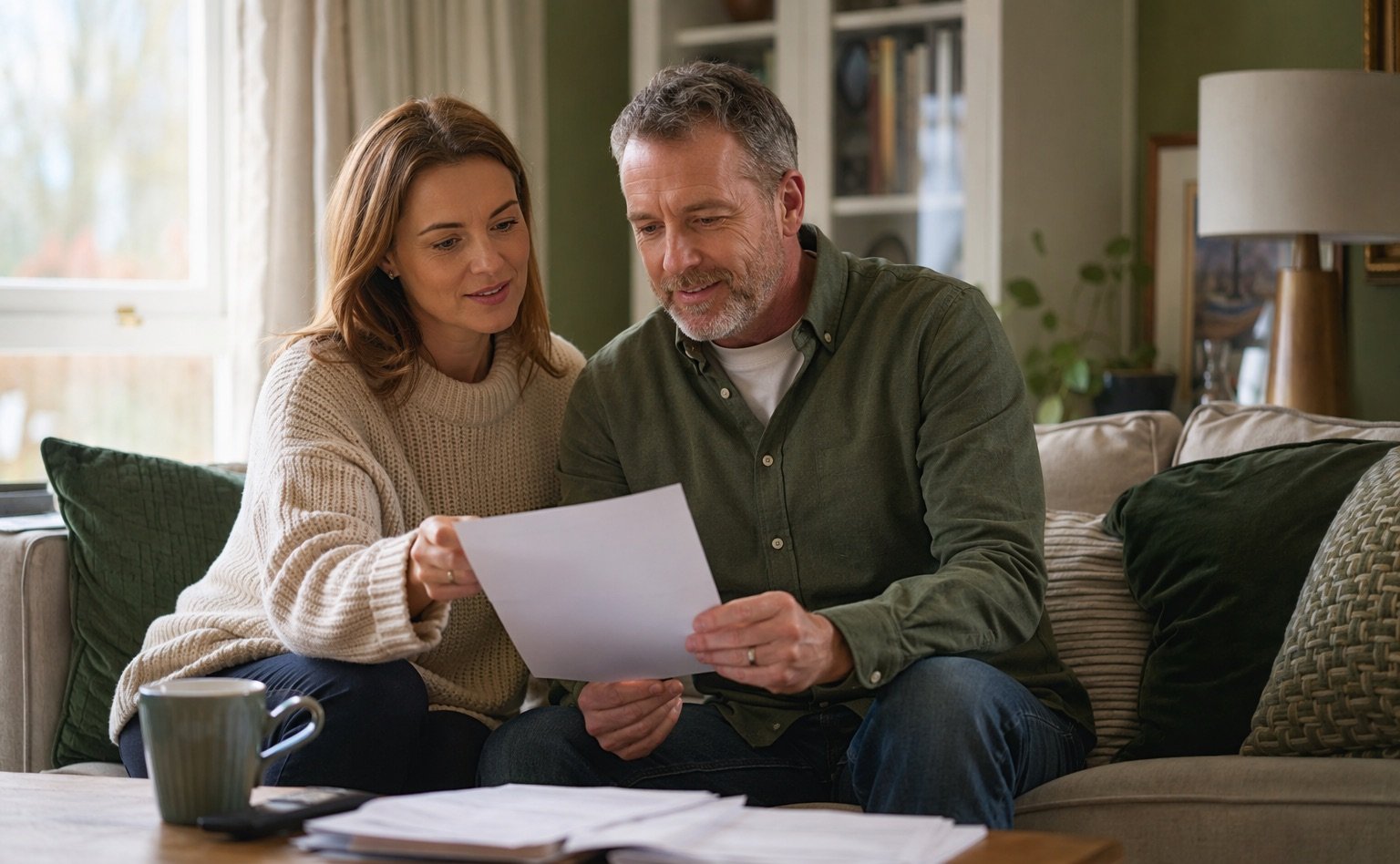 A couple sitting together on a sofa at home, reviewing paper documents together in natural light