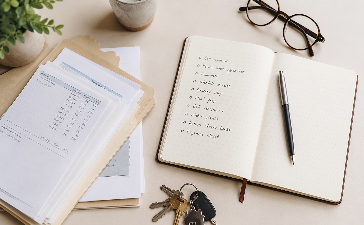 Top-down flat-lay of an organised desktop with a folder of documents, an open notebook with a handwritten list, a pen, house keys and reading glasses