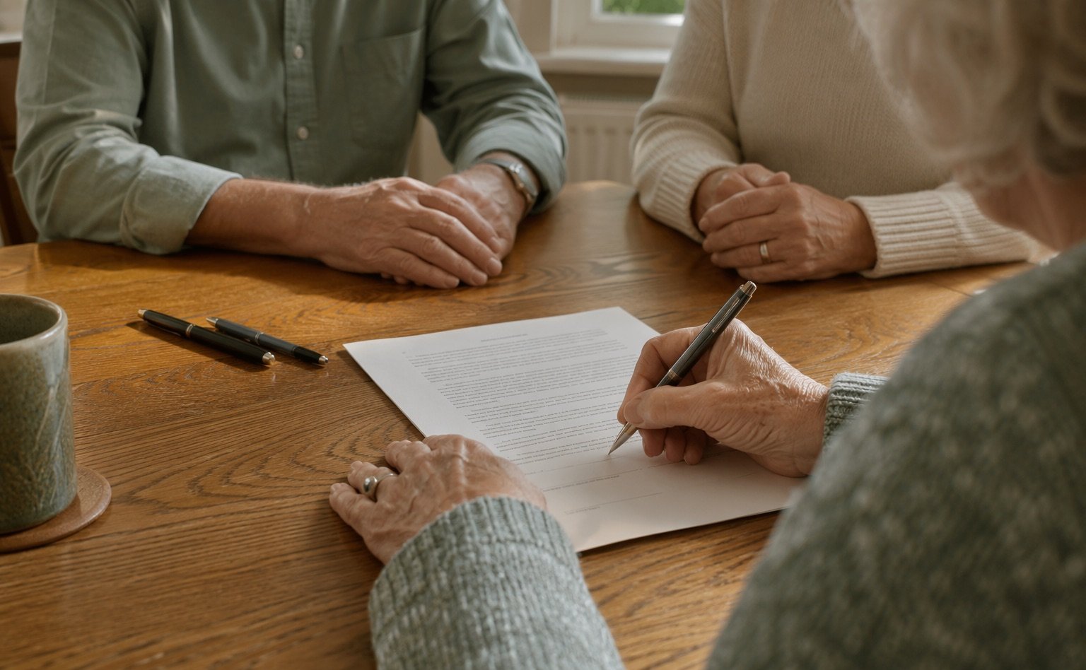 Over-the-shoulder view of a hand signing a printed document on a wooden table, with two witnesses' hands visible nearby, pens and reading glasses on the table
