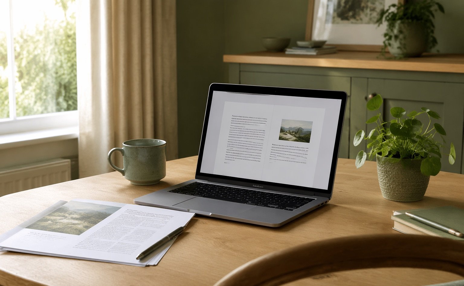 A calm workspace with a laptop showing a simple document, printed pages, a mug and a small green plant in warm morning light