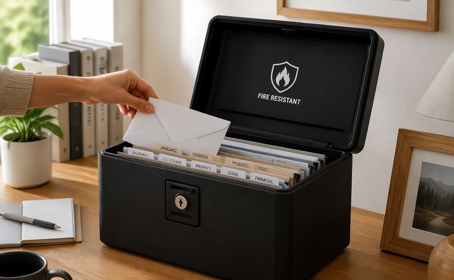 A hand placing an envelope into a fire-resistant document box neatly organised with labelled folders on a home desk
