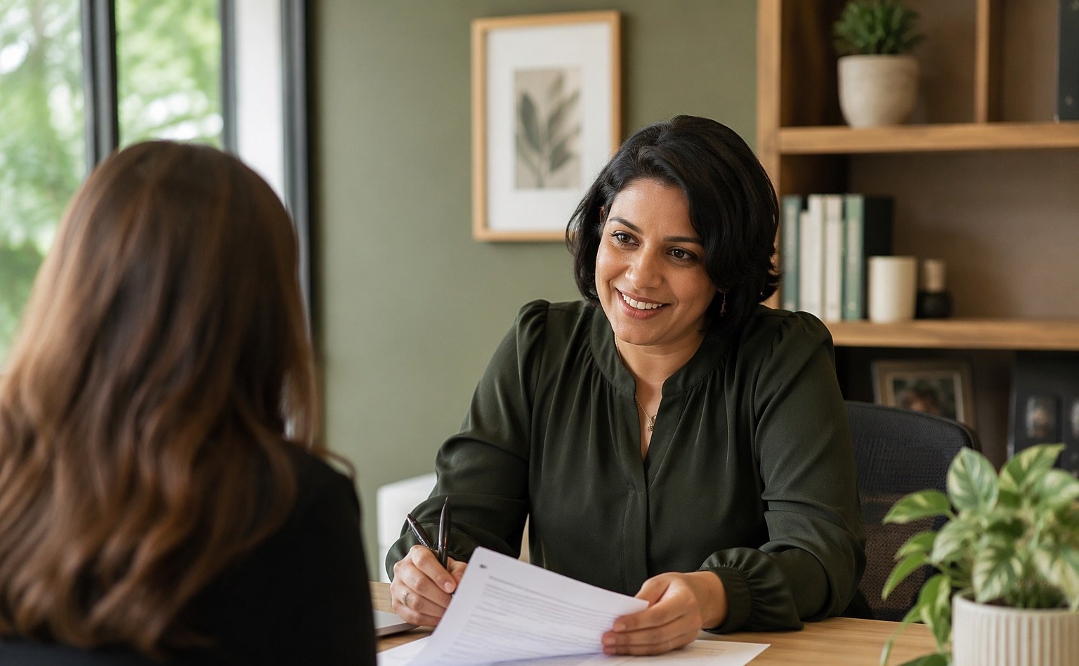 A friendly professional adviser at a desk in a bright office explaining paperwork to a visitor seen from behind