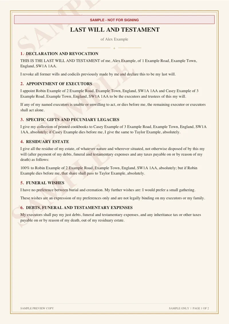 Page 1 of a SwiftWill sample will for a fictional person, marked SAMPLE – NOT FOR SIGNING
